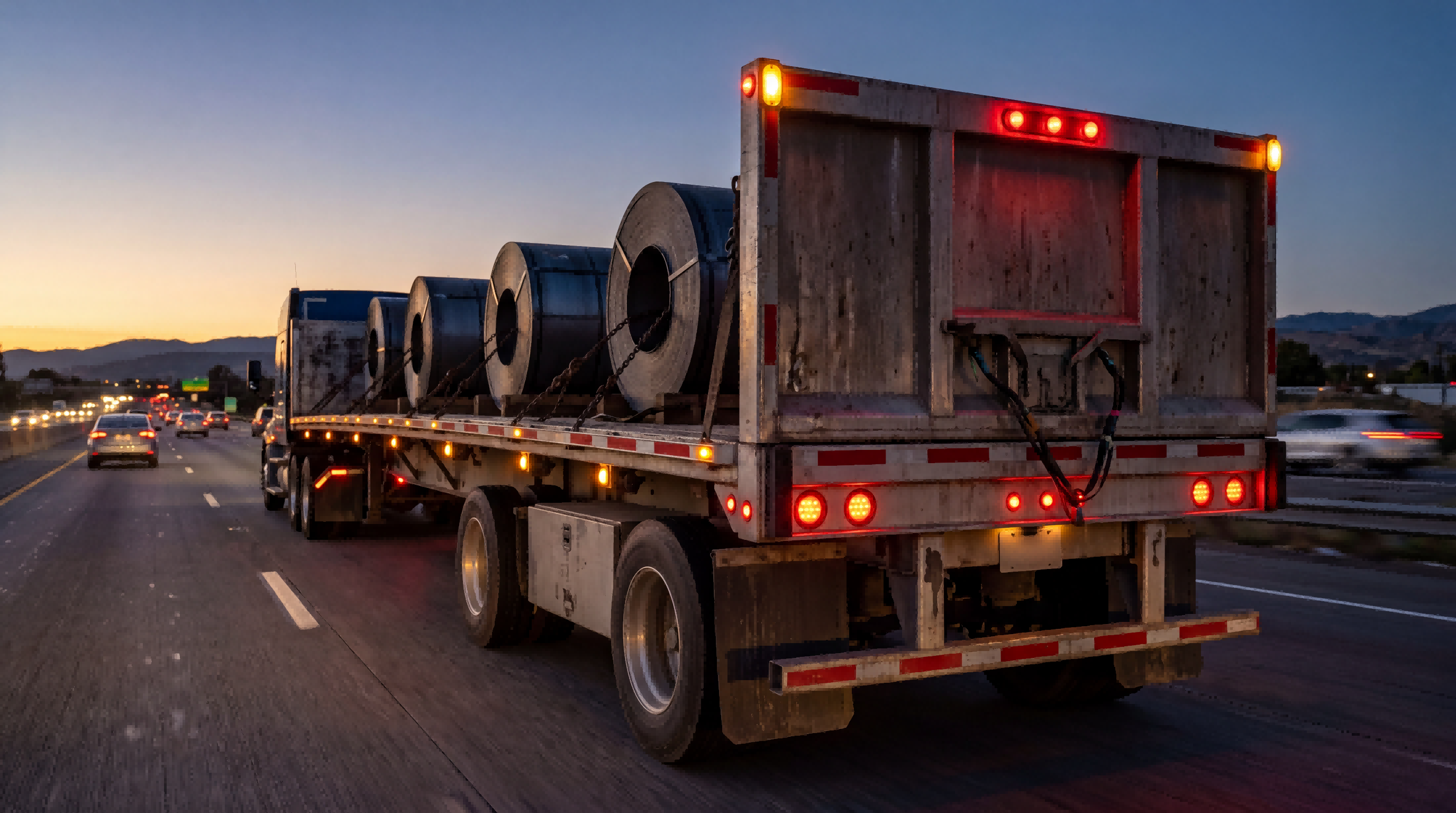 Commercial flatbed trailer on the highway with marker lights, clearance lights, and rear identification lighting supporting width and rear visibility